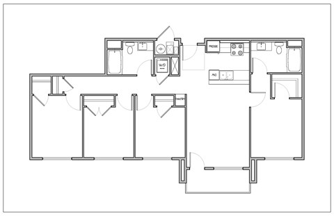 Floor plan for 4 beds, 2 baths, 1290 sqft